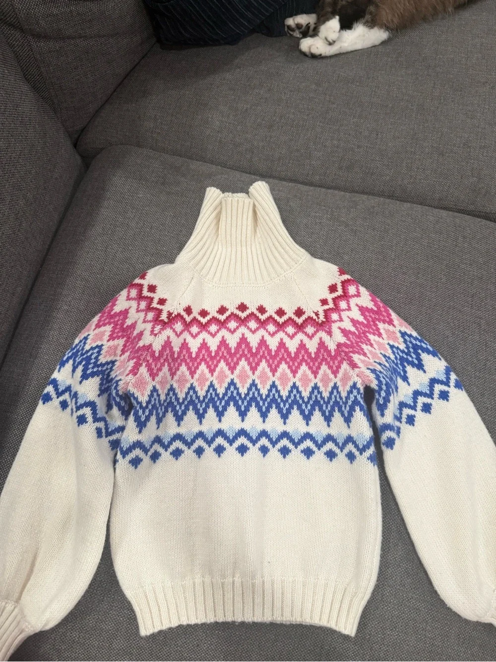 Janie and Jack Cream Turtleneck Sweater Set with Pink & Blue Fair Isle